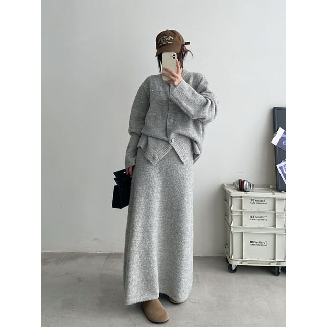 Faux Pearl Cardigan with Maxi Skirt - Drop Shoulder