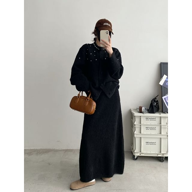 Faux Pearl Cardigan with Maxi Skirt - Drop Shoulder