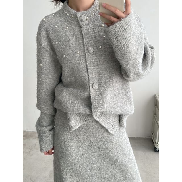 Faux Pearl Button Cardigan with Maxi Skirt - Round Neck