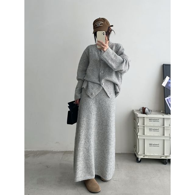 Faux Pearl Button Cardigan with Maxi Skirt - Round Neck