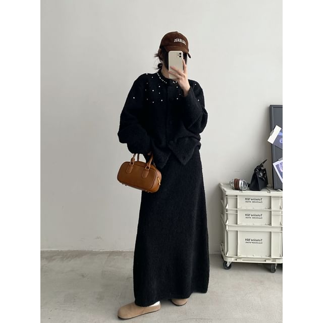 Faux Pearl Button Cardigan with Maxi Skirt - Round Neck