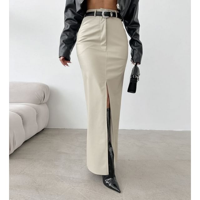 High Waist Faux Leather Maxi Pencil Skirt with Slit