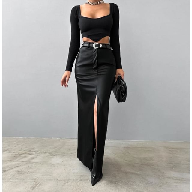 High Waist Faux Leather Maxi Pencil Skirt with Slit
