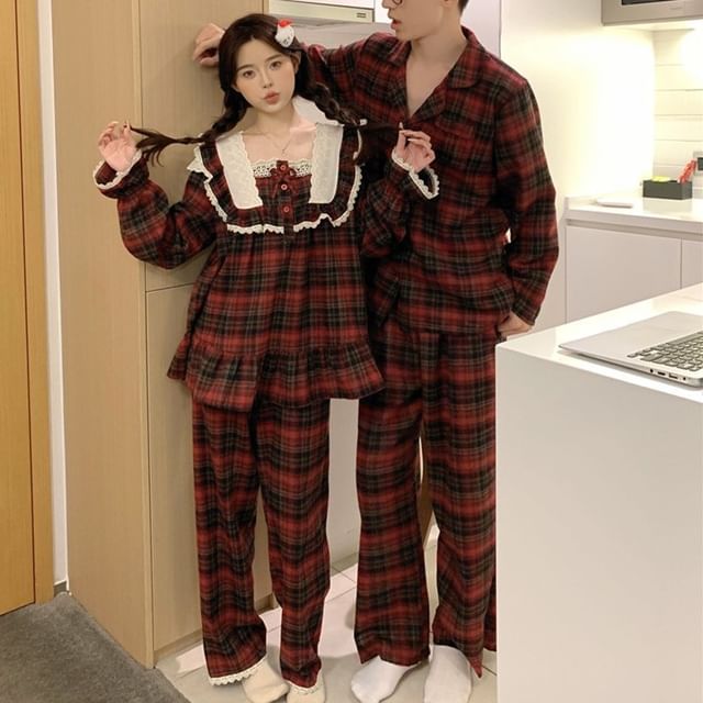 Couple Matching Long-Sleeve Plaid Lace Trim Pajama Top / Shirt / Pants / Set