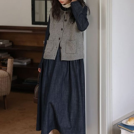 Sweater Vest and Denim Smock Dress Set