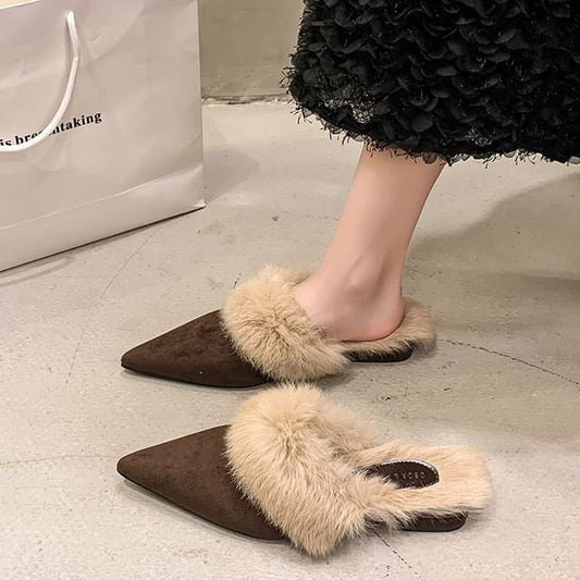 Low Heel Pointed Toe Fleece-Lined Mules