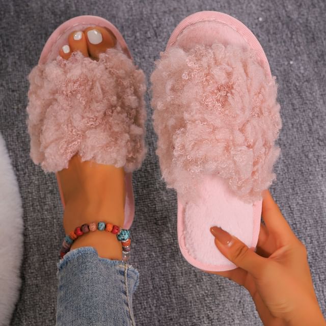 Plain Fluffy Flat Slide Sandals