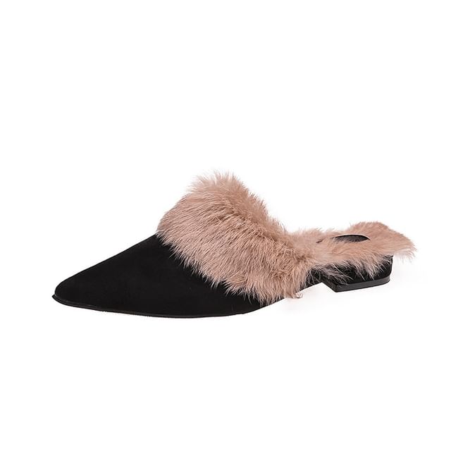Low Heel Pointed Toe Fleece-Lined Mules