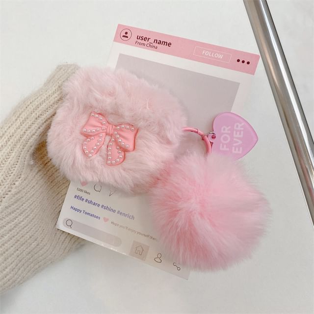 Bow Faux Pearl Chenille Pom Pom AirPods / Pro Earphone Case Skin