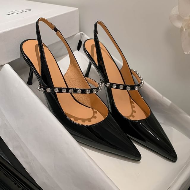[34] Stiletto Pointed Toe Rhinestone Accent Patent Leather Slingback Sandals