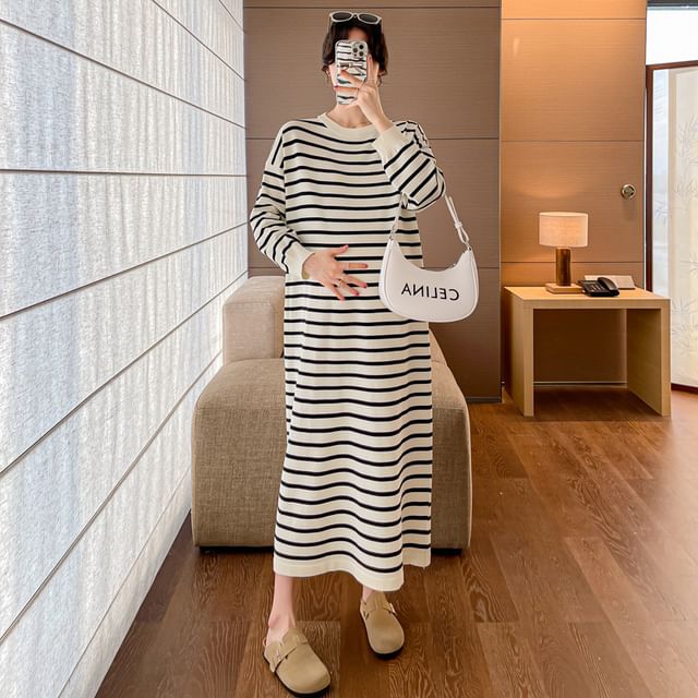 Striped Maternity Sweater Dress, Round Neck Long Sleeve
