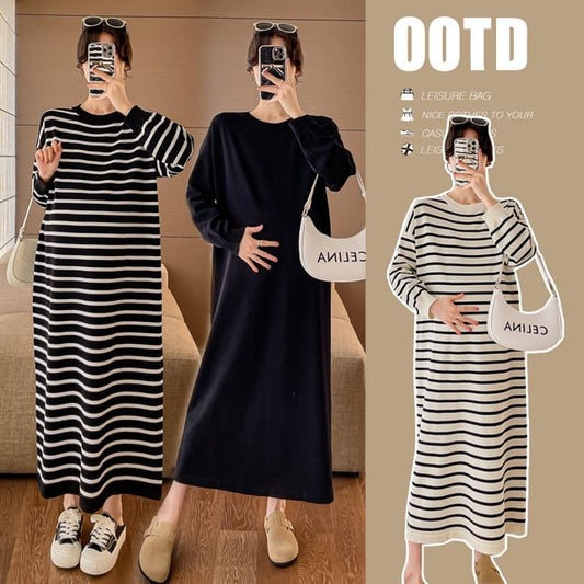 Striped Maternity Sweater Dress, Round Neck Long Sleeve
