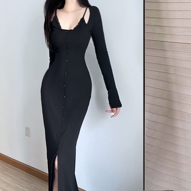Button Down Bodycon Maxi Dress, Scoop Neck Long Sleeve