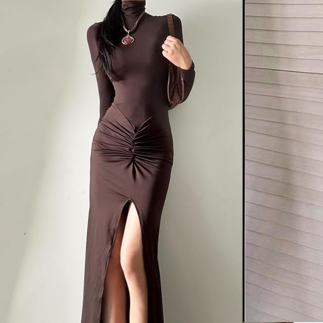 Ruched Slit Turtleneck Maxi Dress, Long Sleeve