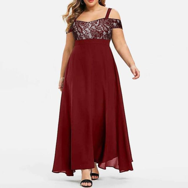 Lace Panel Maxi Dress, Cold-Shoulder Plus Size A-Line