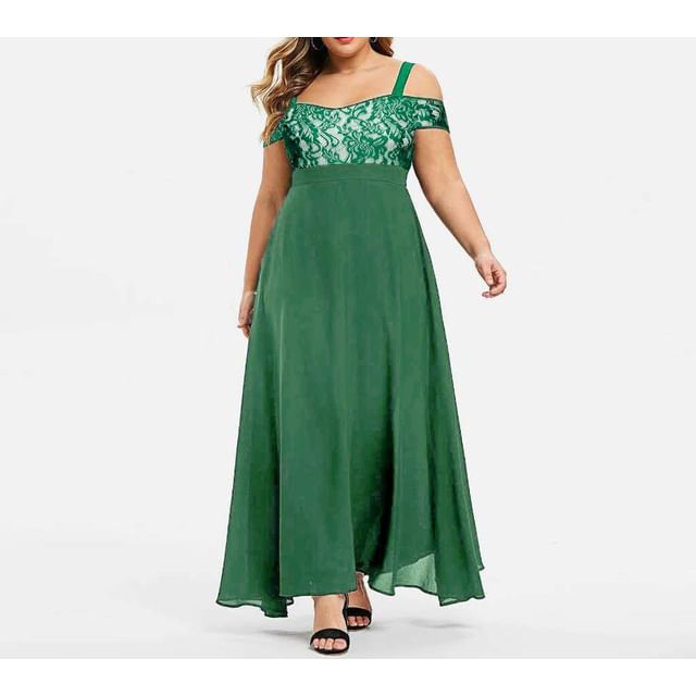 Lace Panel Maxi Dress, Cold-Shoulder Plus Size A-Line