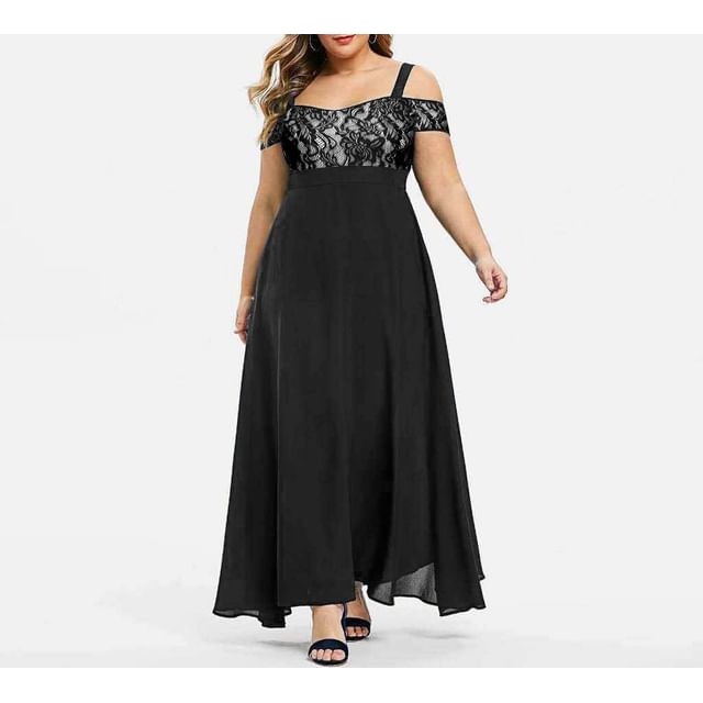 Lace Panel Maxi Dress, Cold-Shoulder Plus Size A-Line