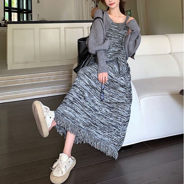 Fringed Knit Maxi Dress and Crop Cardigan Set