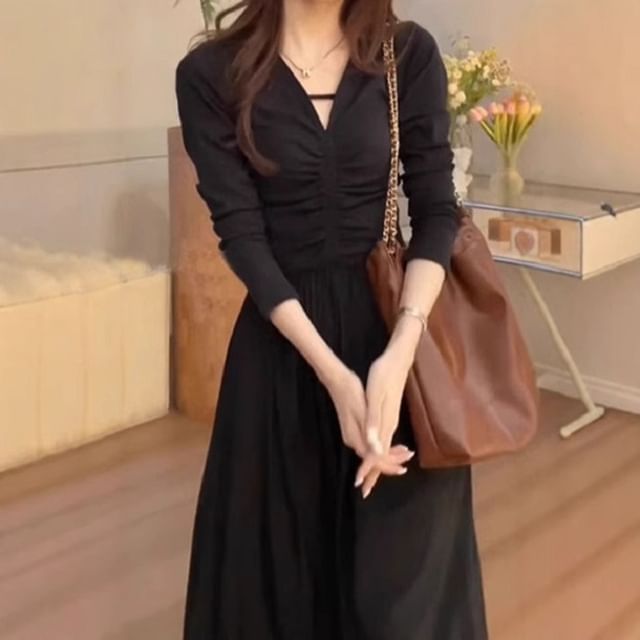 Ruched Panel V-Neck A-Line Maxi Dress, Long Sleeve