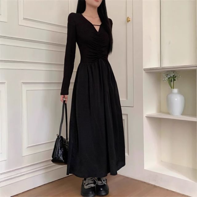 Ruched Panel V-Neck A-Line Maxi Dress, Long Sleeve