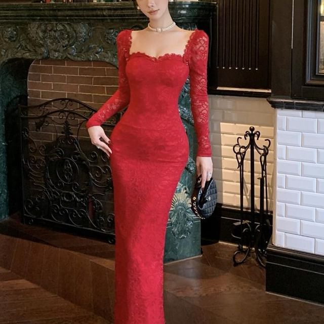 Lace Sheath Maxi Dress, Square Neck Long Sleeve