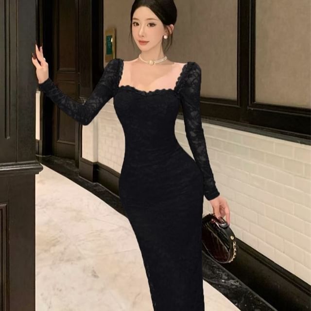 Lace Sheath Maxi Dress, Square Neck Long Sleeve