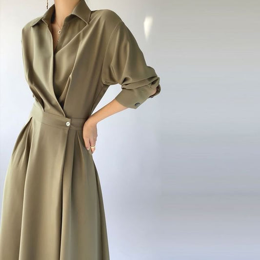 Lapel Neck Shirt Dress, A-Line Maxi Long Sleeve