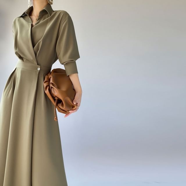 Lapel Neck Shirt Dress, A-Line Maxi Long Sleeve