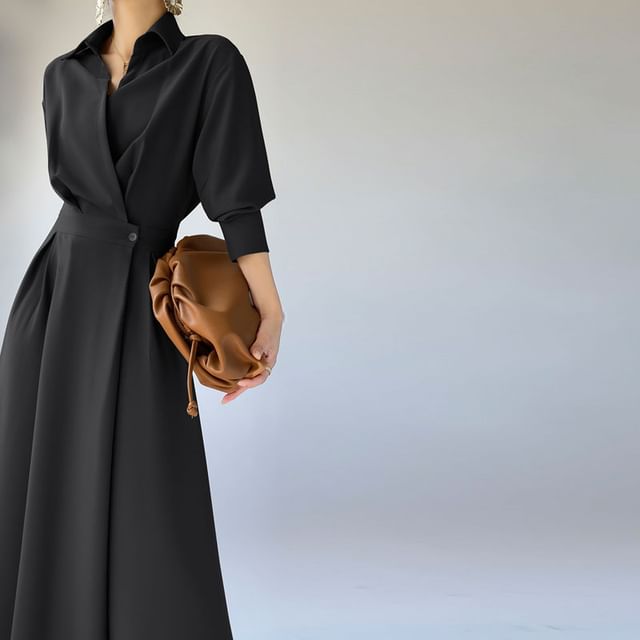 Lapel Neck Shirt Dress, A-Line Maxi Long Sleeve