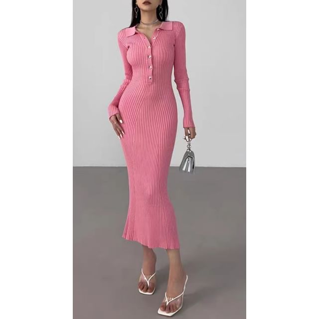 Ribbed Knit Maxi Dress, Bodycon Long Sleeve