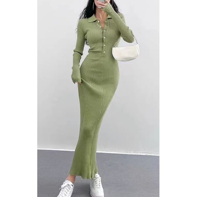 Ribbed Knit Maxi Dress, Bodycon Long Sleeve