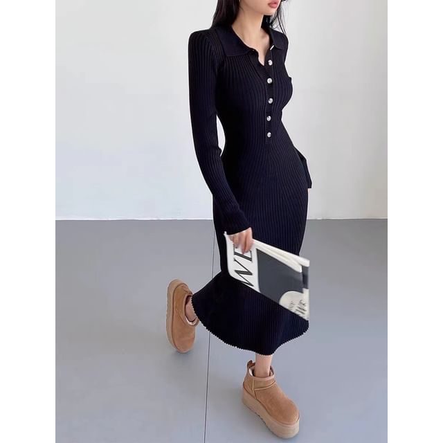 Ribbed Knit Maxi Dress, Bodycon Long Sleeve