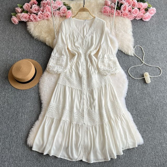 Pintuck Lace Maxi Dress, V-Neck Long Sleeve
