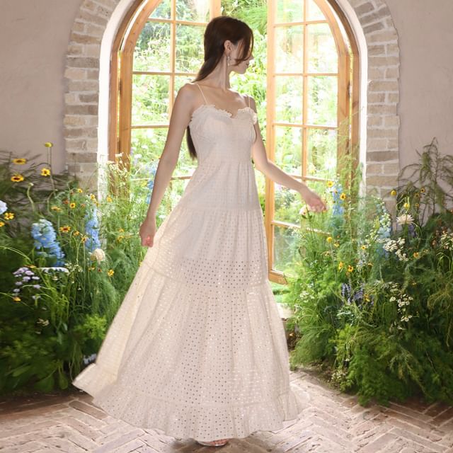 Eyelet Tiered Ruffle Maxi Dress, Spaghetti Strap