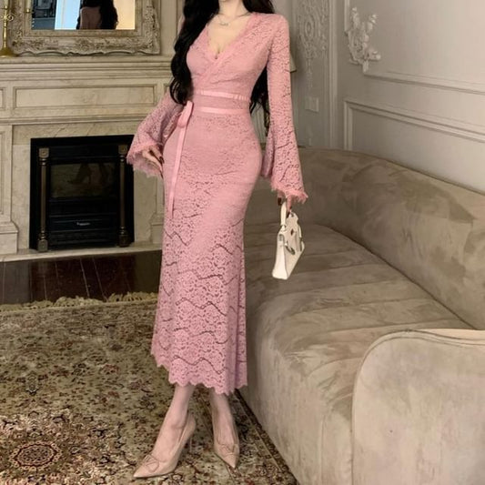 Flared Sleeve Lace Mermaid Dress, V-Neck