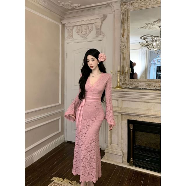 Flared Sleeve Lace Mermaid Dress, V-Neck