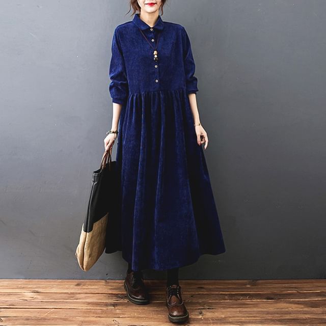 Corduroy A-Line Maxi Dress with Collared Long Sleeves