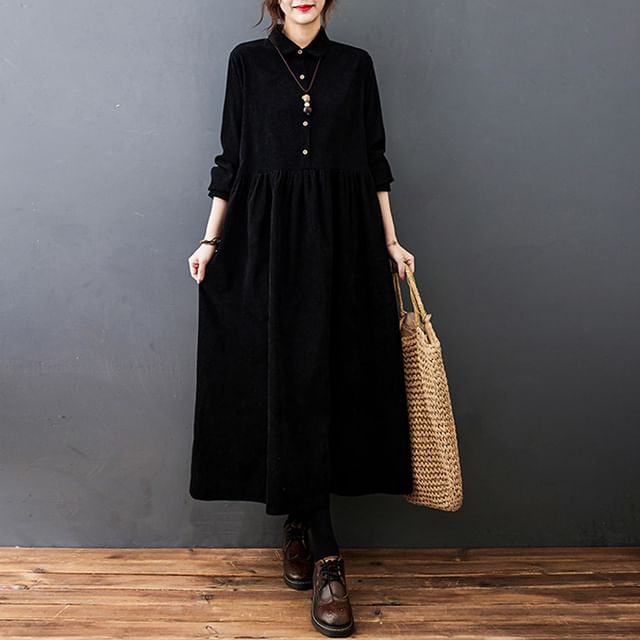 Corduroy A-Line Maxi Dress with Collared Long Sleeves