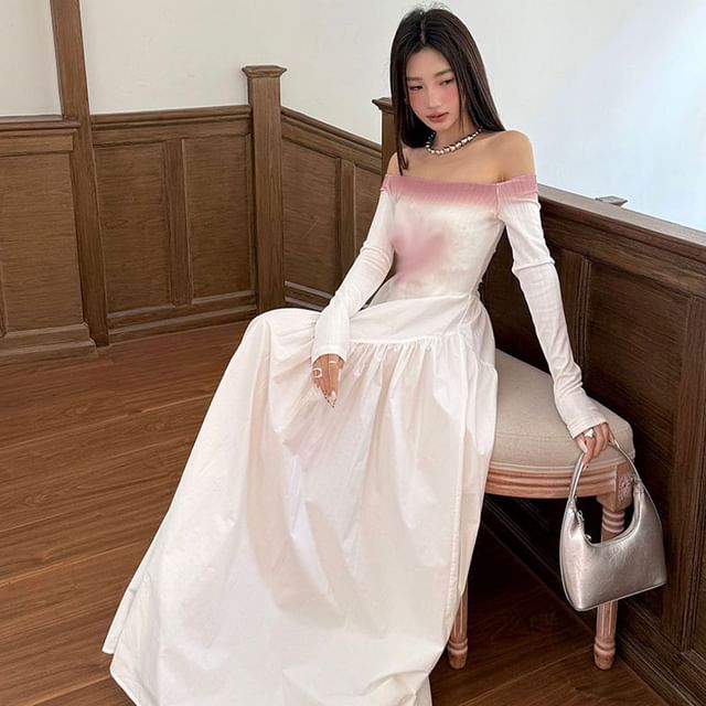 Off-Shoulder Tie Dye Long-Sleeved A-Line Maxi Dress
