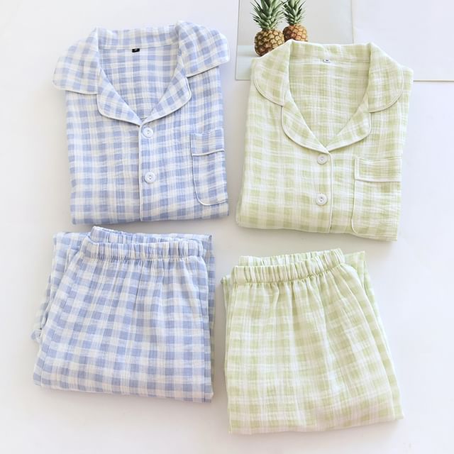 Couple Matching Pajama Set: Long-Sleeve Lapel Collar Plaid Button Top + Pants (Various Designs)