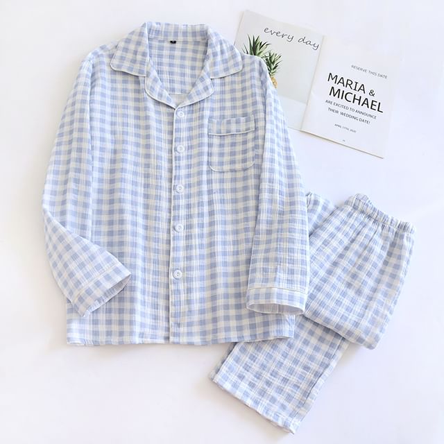 Couple Matching Pajama Set: Long-Sleeve Lapel Collar Plaid Button Top + Pants (Various Designs)