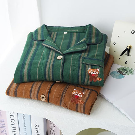 Couple Matching Pajama Set: Long-Sleeve Lapel Collar Striped Raccoon Embroidered Button-Up Top + Pants
