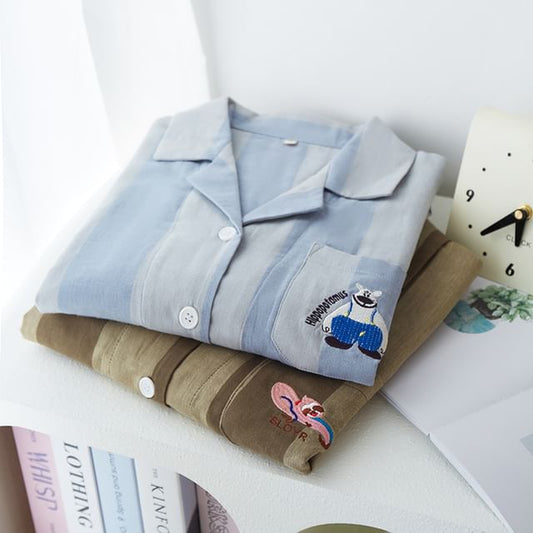 Couple Matching Pajama Set: Long-Sleeve Lapel Collar Striped Cartoon Embroidered Button-Up Top + Pants