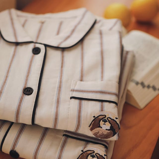 Couple Matching Pajama Set: Long-Sleeve Collared Striped Cartoon Embroidered Button-Up Top + Pants