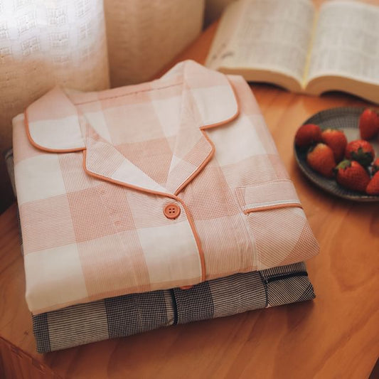 Couple Matching Pajama Set: Long-Sleeve Lapel Collar Gingham Button-Up Top + Pants
