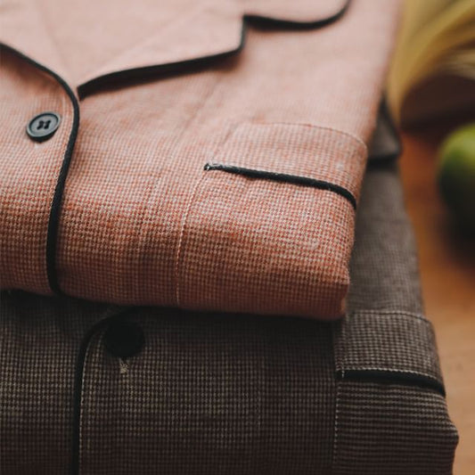 Couple Matching Pajama Set: Long-Sleeve Lapel Collar Houndstooth Button-Up Top + Pants