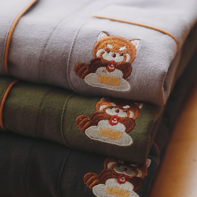 Couple Matching Pajama Set: Long-Sleeve Lapel Collar Raccoon Embroidered Button-Up Top + Pants