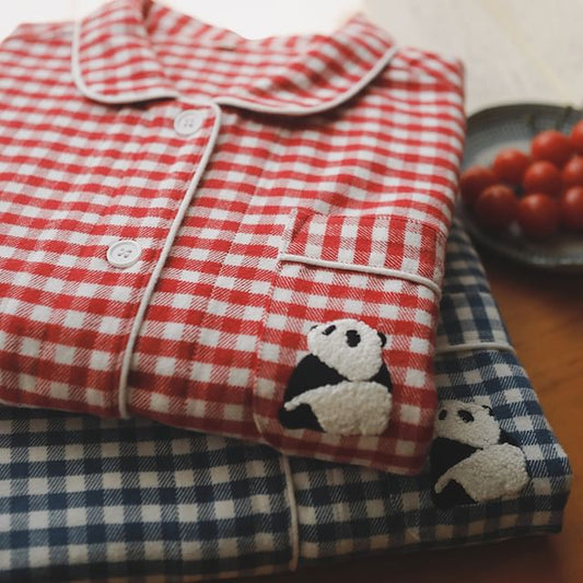 Couple Matching Pajama Set: Long-Sleeve Collared Gingham Panda Embroidered Button-Up Top + Pants