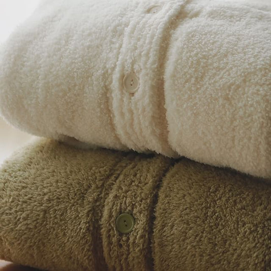 Couple Matching Pajama Set: Long-Sleeve V-Neck Plain Button-Up Fleece Top + Pants