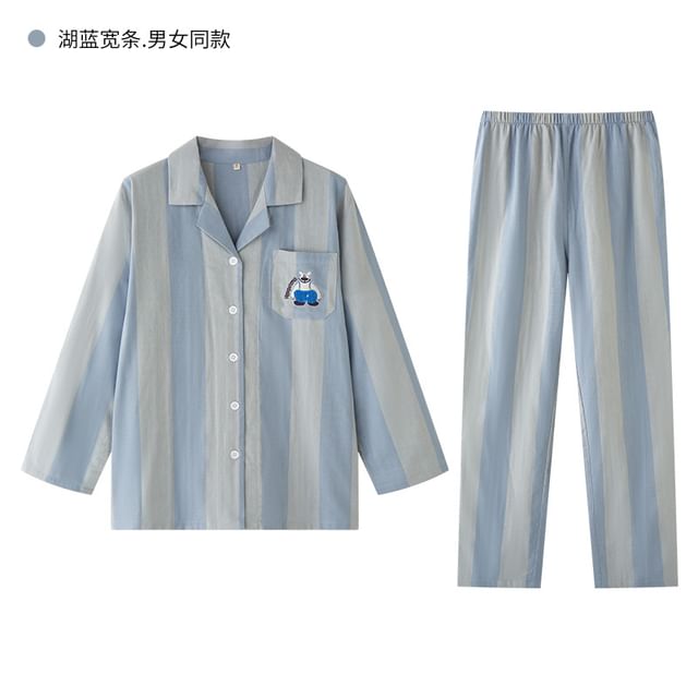 Couple Matching Pajama Set: Long-Sleeve Lapel Collar Striped Cartoon Embroidered Button-Up Top + Pants